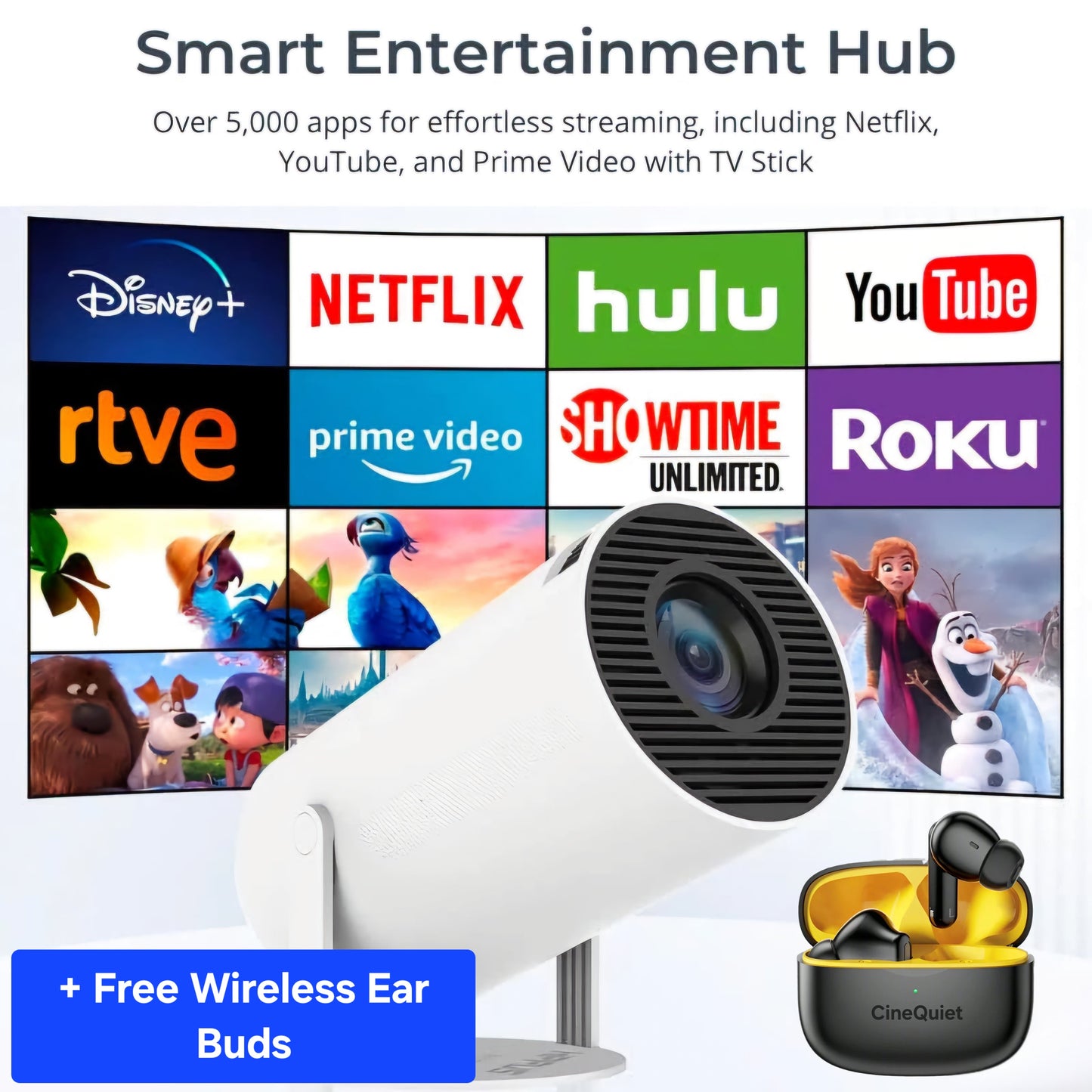 CineDream HD Smart Projector — Portable Home Cinema with Free Wireless Earbuds