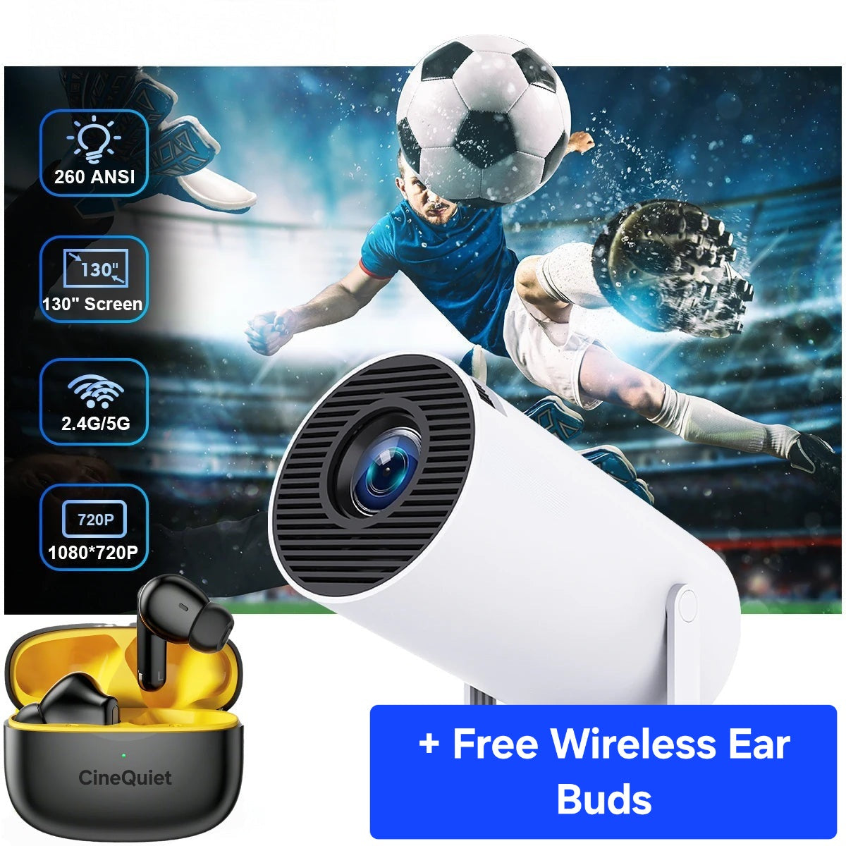 CineDream HD Smart Projector — Portable Home Cinema with Free Wireless Earbuds